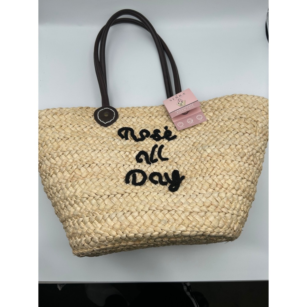 Serra Rose All Day Embroidered Straw Tote Bag Woven Beach Handbag Tan Pink